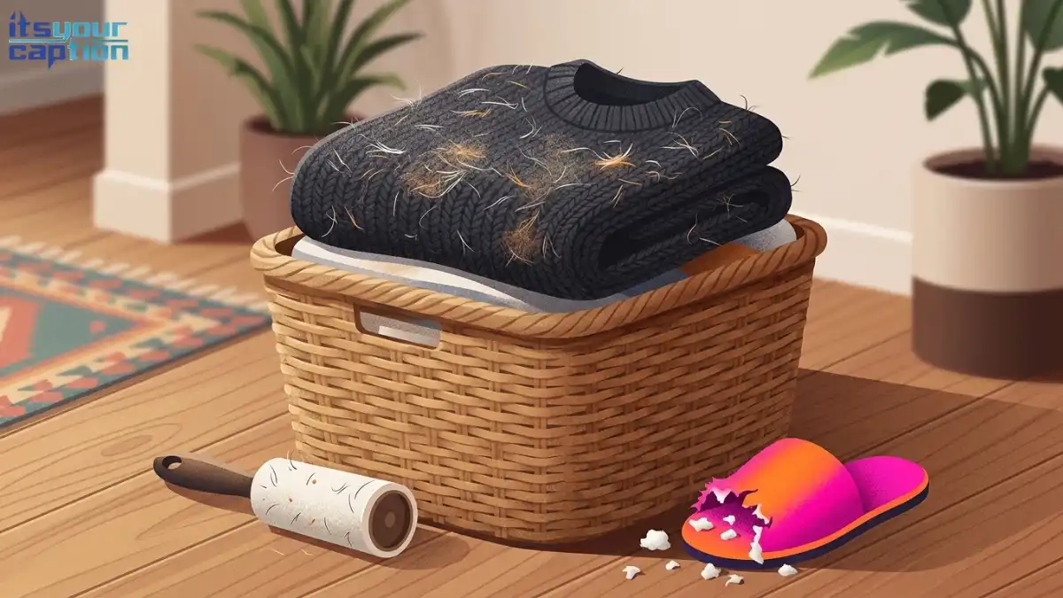 A neatly folded black sweater covered in light dog hair next to a lint roller.