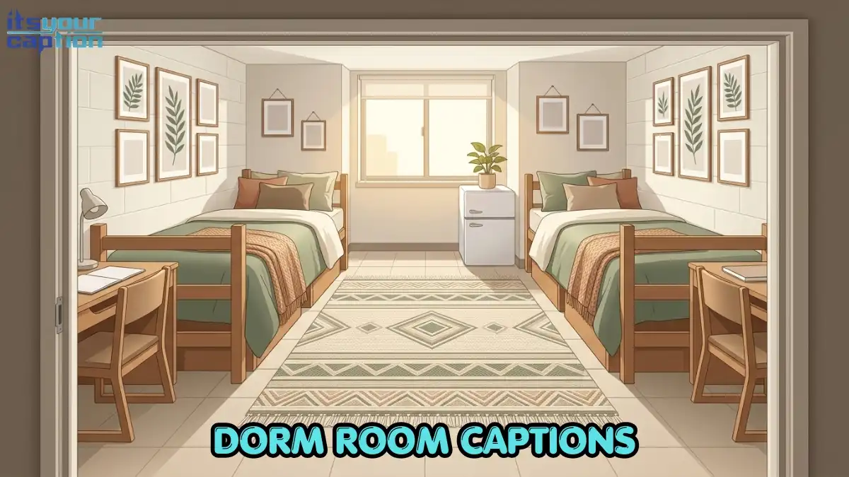 Wide doorway illustration of a styled college residence hall room with twin XL beds and wall art for dorm room captions
