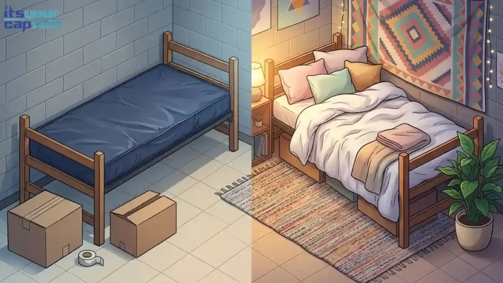 Split-scene illustration comparing an empty residence hall mattress with a decorated bedroom for dorm room captions