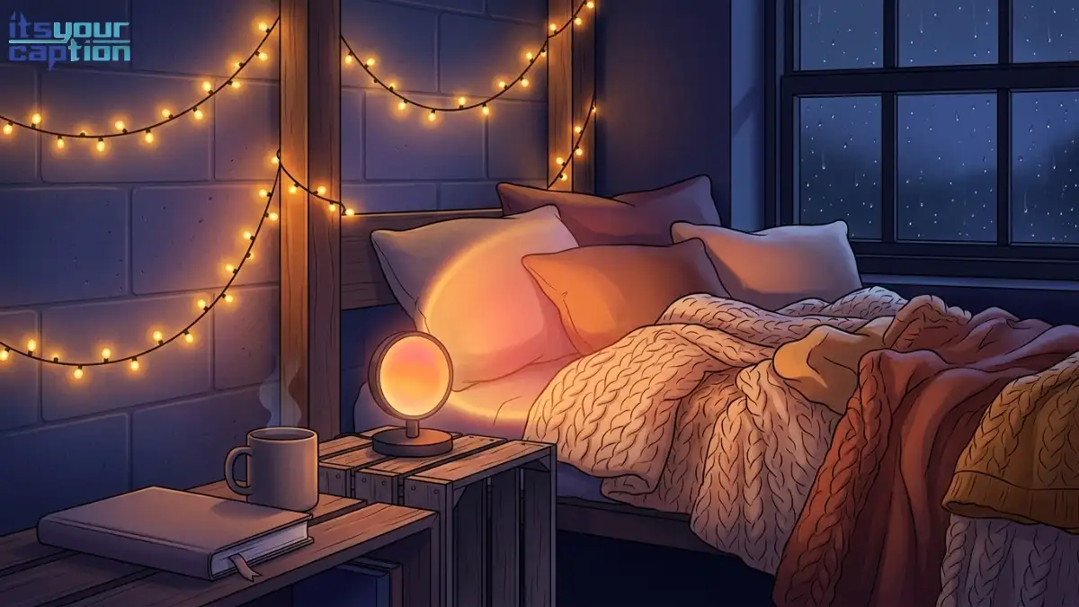 Warm evening dorm corner with glowing string lights and chunky knit blankets for cozy dorm room captions