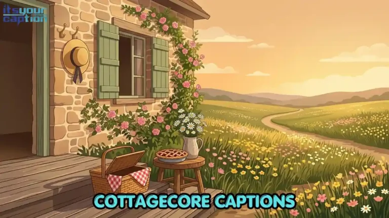 Sunlit stone cottage porch with a wicker picnic basket, wildflower pitcher, and lattice berry pie for cottagecore captions.
