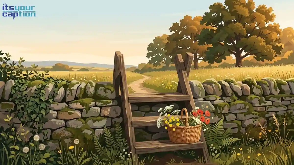 Rustic wooden stile and dirt footpath winding through a golden-hour wildflower pasture for countryside aesthetic cottagecore captions.