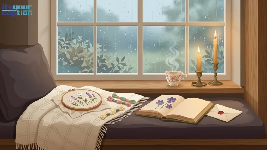 Cottage window seat with an embroidery hoop, pressed wildflowers in a book, beeswax candles, and teacup for slow-living cottagecore captions.