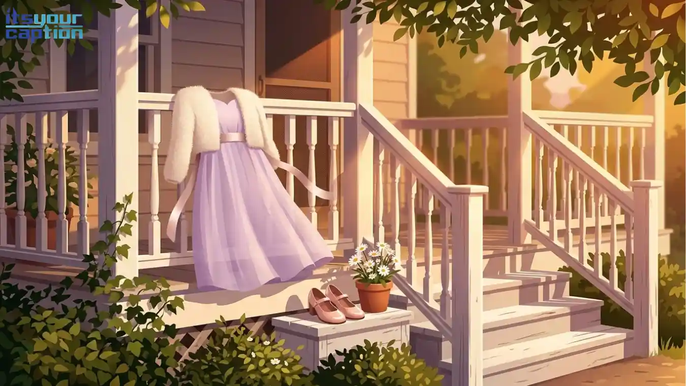Lavender chiffon dress and fuzzy cream cardigan draped over a sunlit white porch railing at golden hour illustrating dreamy captions for soft girl outfits.