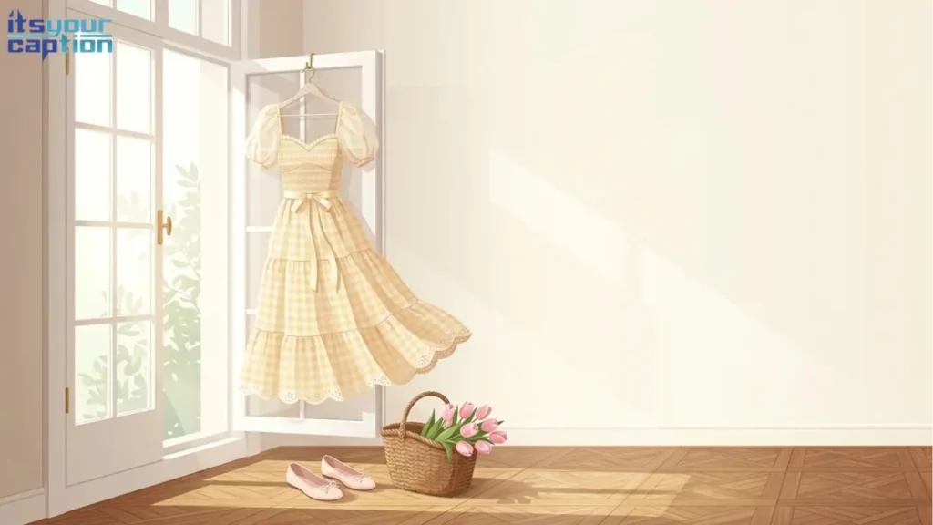Tiered pastel gingham dress with sheer puff sleeves and eyelet lace hem hanging beside an open French window to match captions for a soft girl outfit.