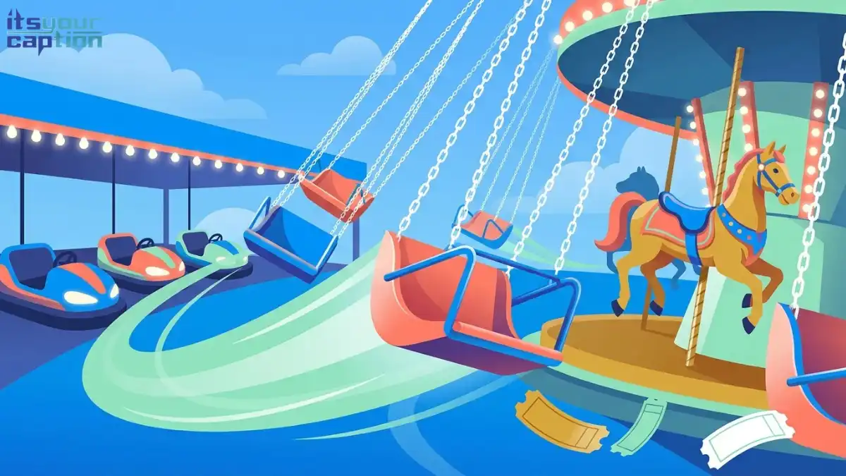 Illustration of empty swing ride seats flying outward on chains, with a carousel horse and bumper cars in the background.
