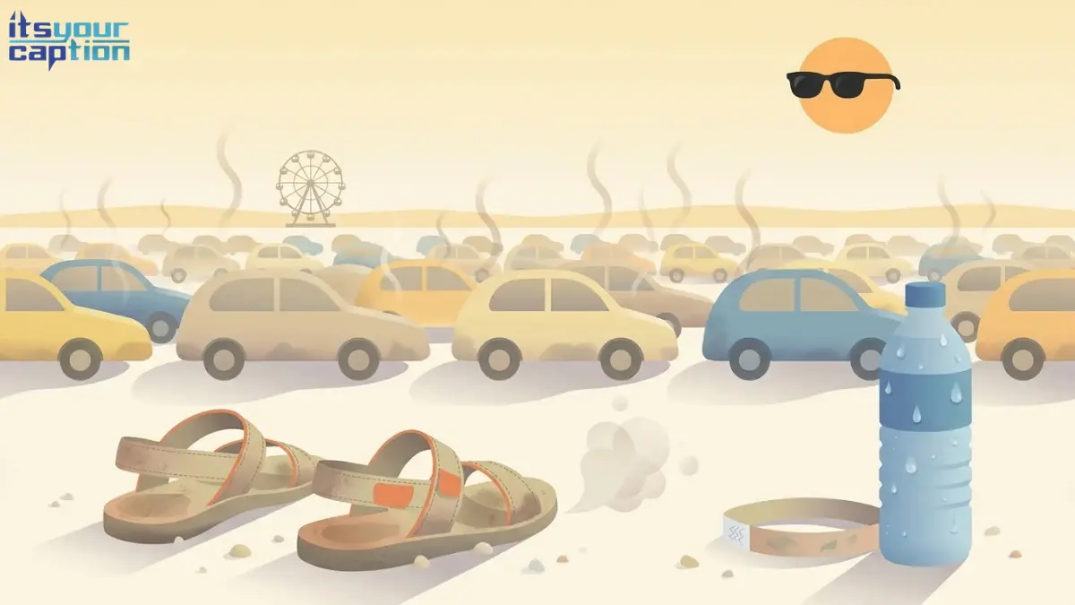 Illustration of dusty sandals and a sweating water bottle on gravel, with rows of identical cars under hot heat shimmer and a distant Ferris wheel.