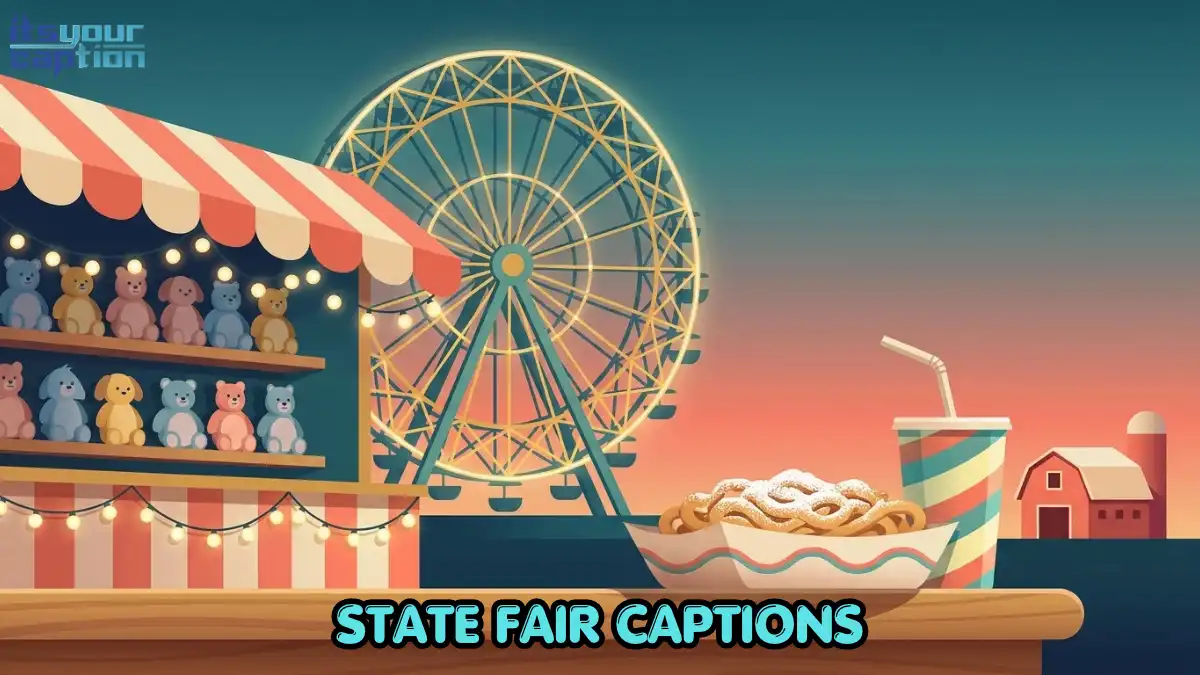 Illustrated state fair midway at dusk with a glowing Ferris wheel, a funnel cake and lemonade in the foreground, and a ringtoss booth with plush prizes.