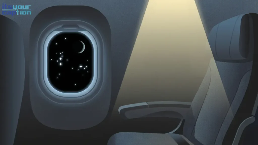 A dark airplane cabin interior with a glowing window looking out at a starry night sky.