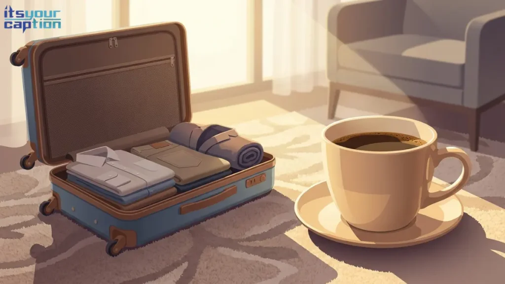 A half-unpacked suitcase on a hotel floor next to a very large cup of coffee.