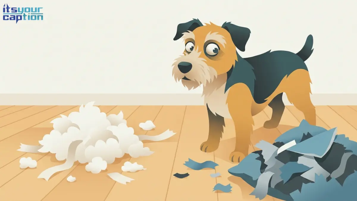 A dog looking away with extreme side-eye while sitting next to a shredded decorative pillow.