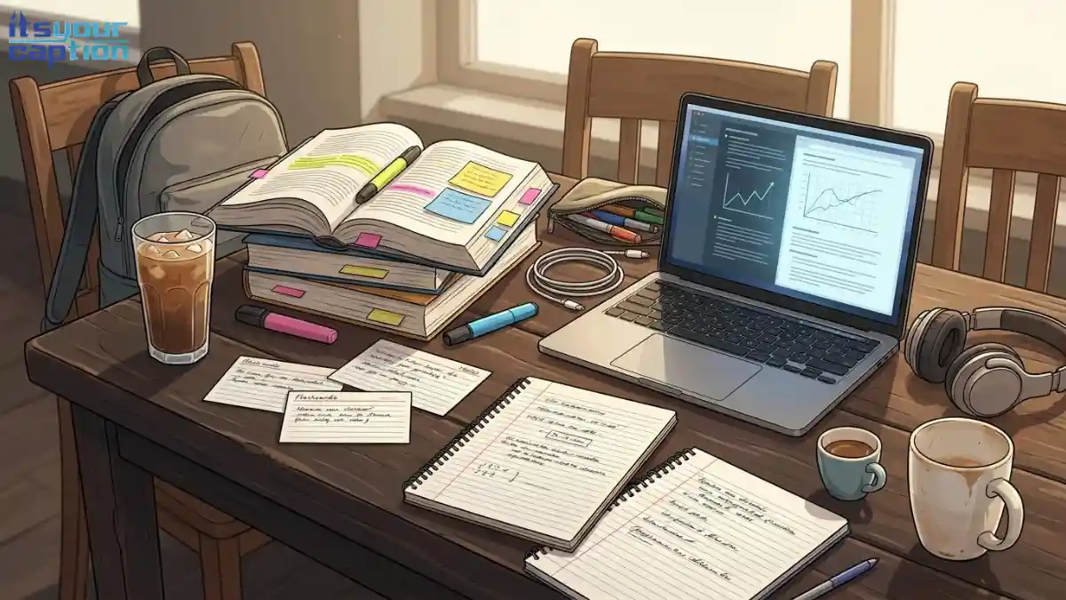 A heavily cluttered cafe study workspace with thick textbooks, flashcards, a laptop, and multiple coffee cups, in a rich, hard-working digital vector style.