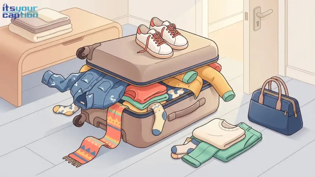 Funny travel outfit caption illustration showing an overpacked suitcase, wrinkled shirt, extra shoes, and clothing spilling onto the floor.