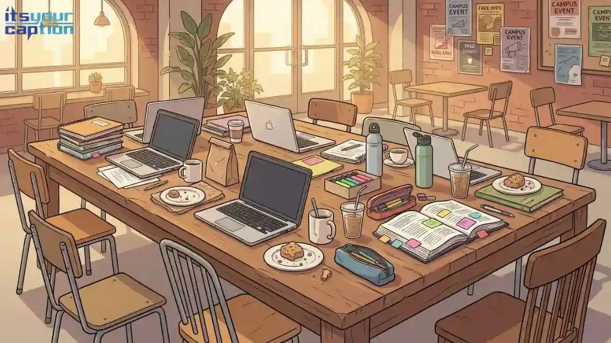 A large, cluttered shared table in a campus café with multiple laptops, notebooks, snacks, and coffee cups, in a lively group study digital vector style.