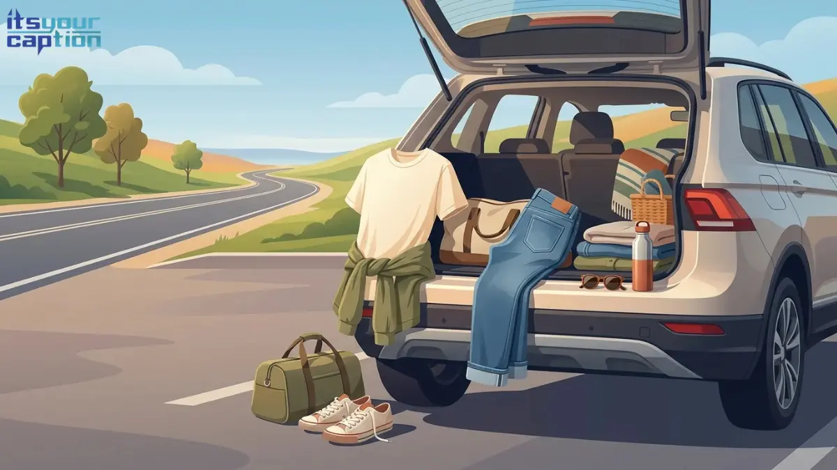 Illustrated road-trip outfit caption scene with denim, a casual tee, sneakers, sunglasses, and travel bags beside a parked car.