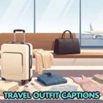 Editorial illustration for travel outfit captions showing a carry-on suitcase, layered airport clothes, road-trip denim, sneakers, and vacation accessories.