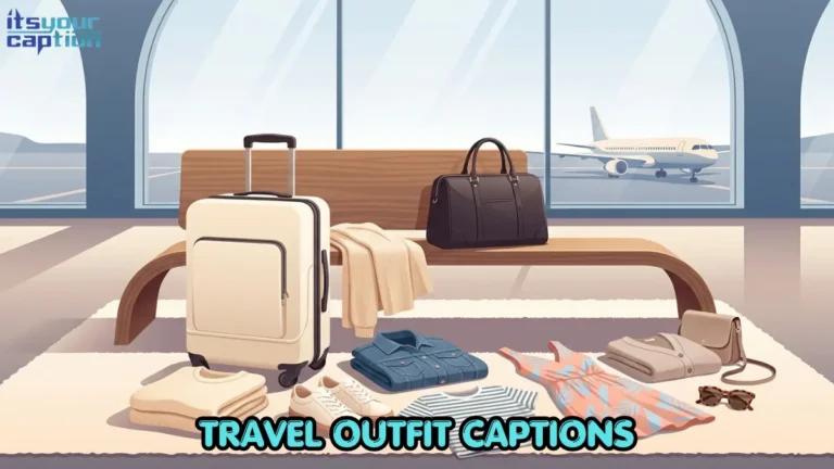 Editorial illustration for travel outfit captions showing a carry-on suitcase, layered airport clothes, road-trip denim, sneakers, and vacation accessories.