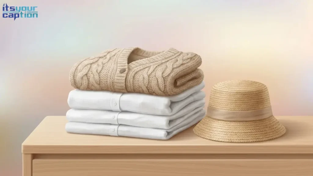 A stack of neatly folded white linen shirts and a chunky knit cardigan resting on a wooden dresser.