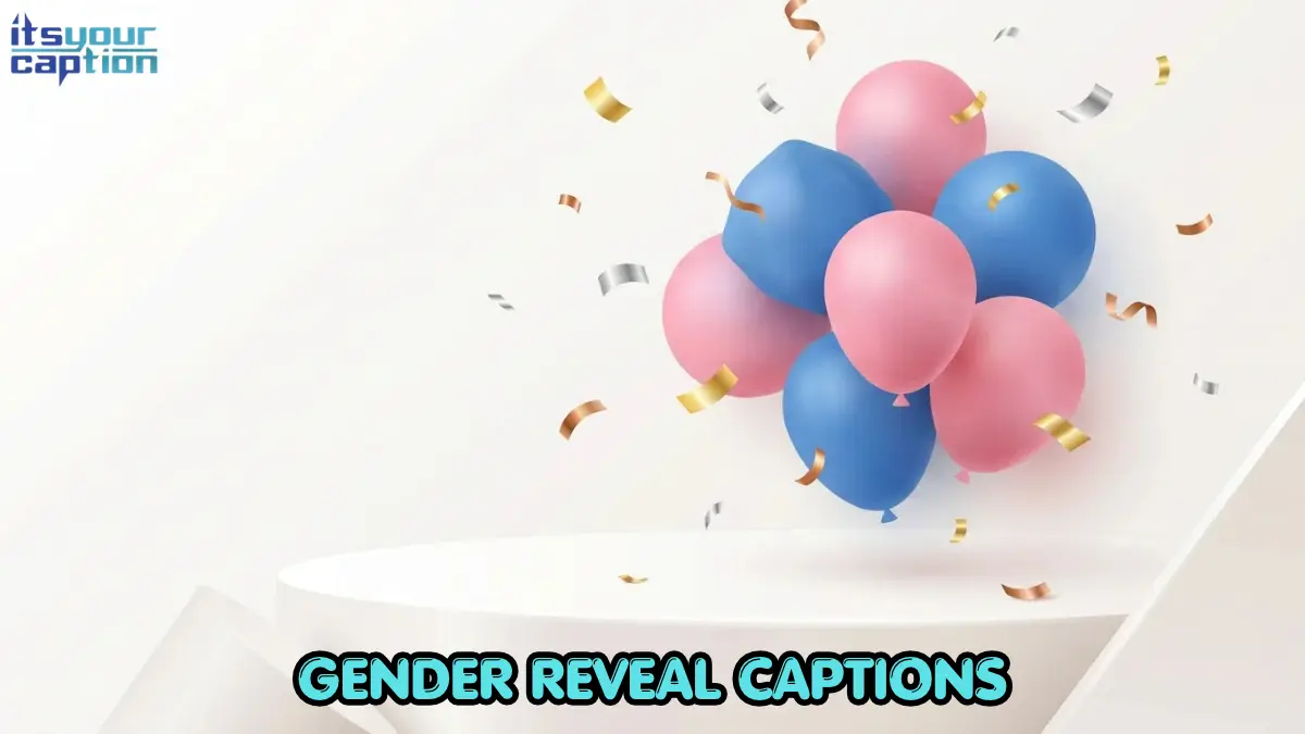 Floating pink and blue balloons surrounded by falling metallic confetti