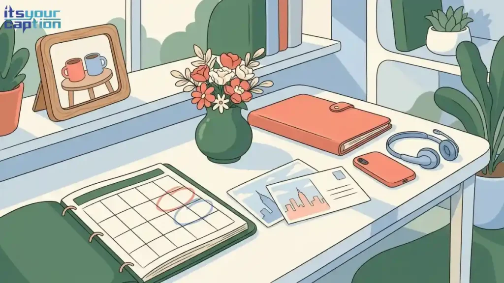 Circled calendar squares, a packed bag, and a spare toothbrush in artwork for long-distance relationship countdown captions.