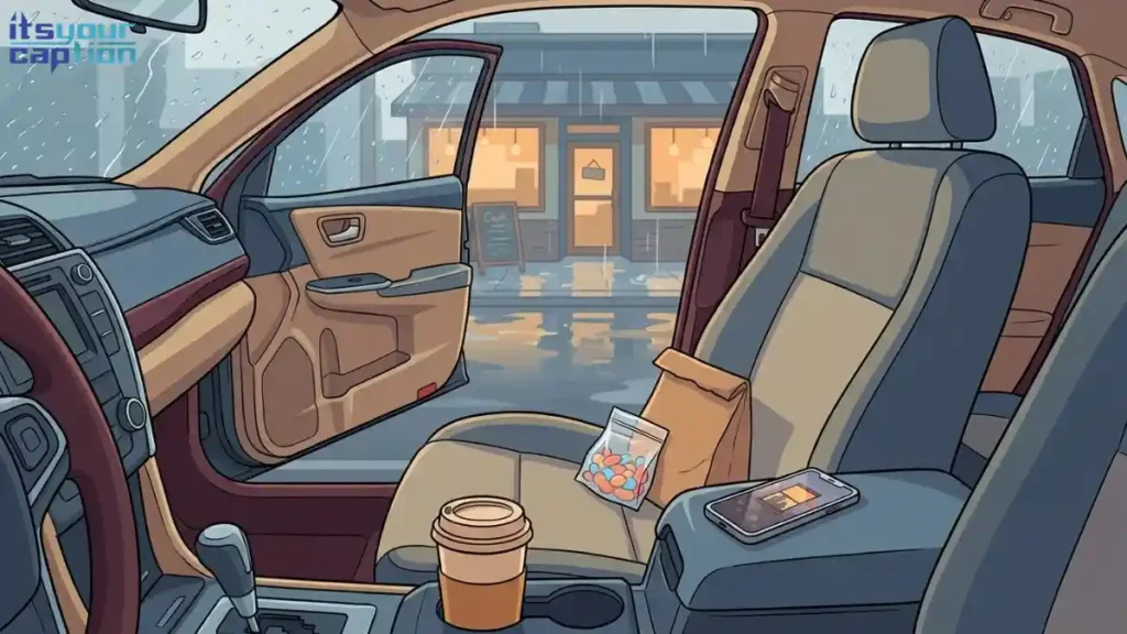 Empty passenger seat with a takeout coffee and a phone beside it, illustrating everyday long-distance relationship captions.
