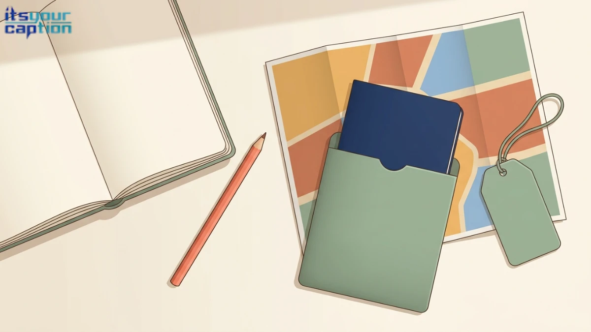 Aesthetic passport captions illustration with a color-matched sleeve, closed booklet, folded map, journal, and pencil on linen.