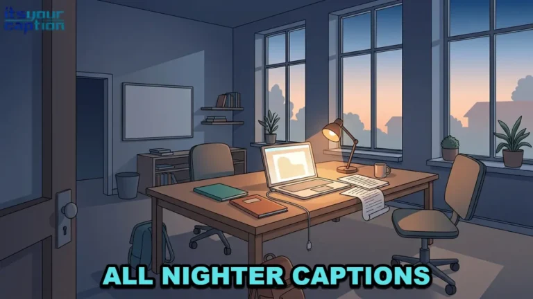 All-nighter captions illustration showing a college worktable, open laptop, notes, and the first light through a window.