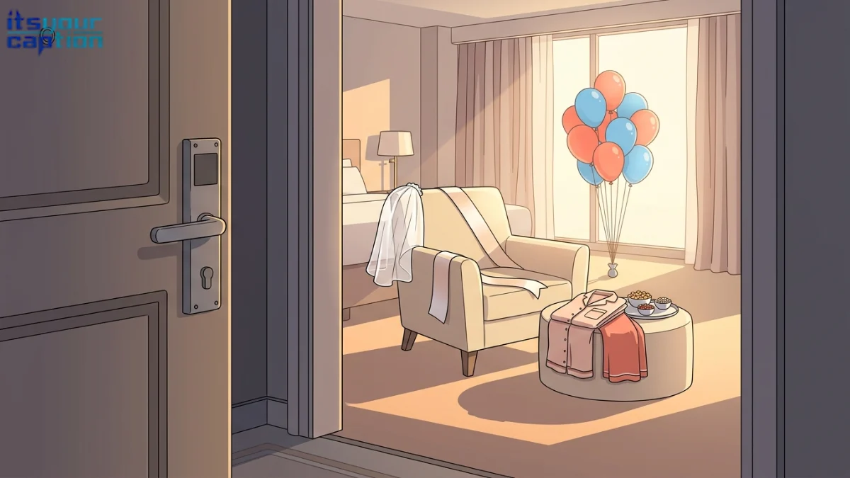 Bride-perspective bachelorette caption illustration of an open hotel doorway revealing matching pajamas and a veiled chair.