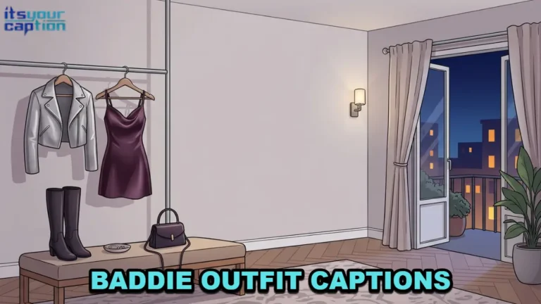 Baddie outfit captions illustration with a satin dress, silver jacket, boots, and evening bag beside an open balcony.