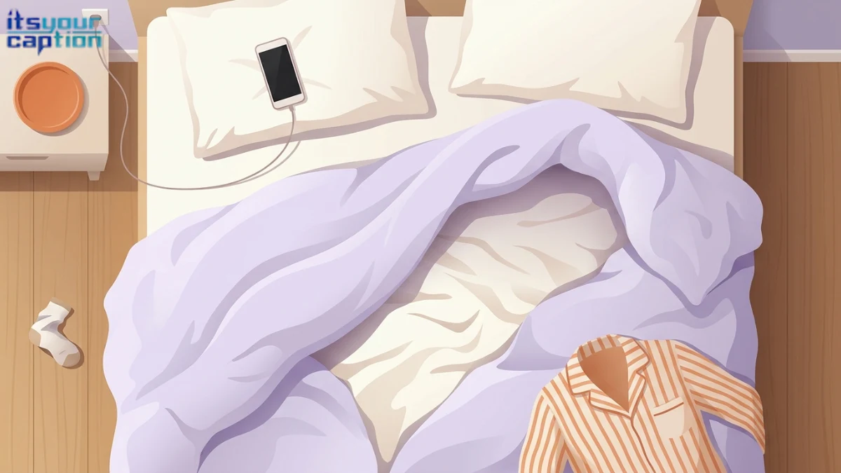 Rumpled bedding, pajamas, and a charging phone in artwork for lazy day captions about staying in bed.