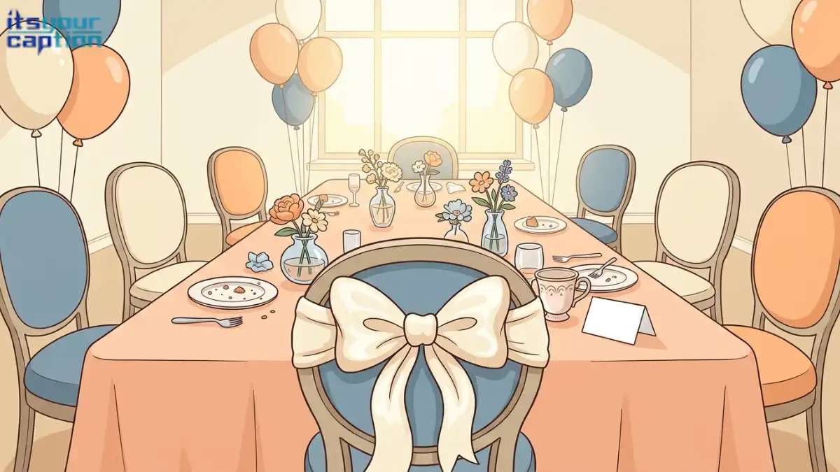 Illustration for bridal shower captions from the bride, showing her ribbon-backed seat at a decorated party table.