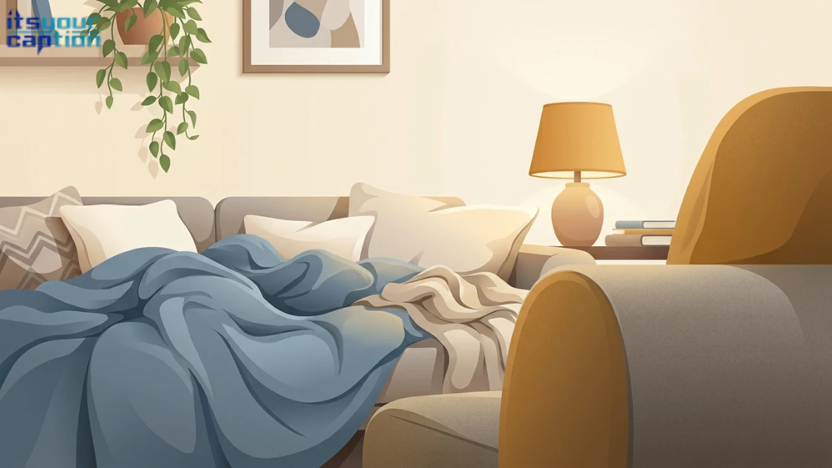 Cuddly pitbull captions illustration of a sleepy white Pittie tucked beneath a blue blanket on a sofa.