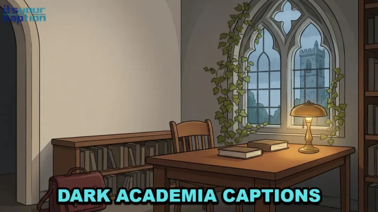 A walnut reading alcove and rainy Gothic window beside books and a satchel, illustrating dark academia captions.