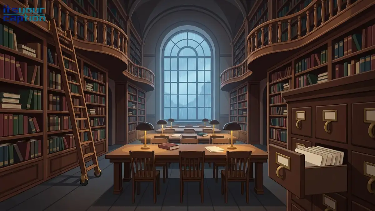 Tall walnut stacks, a rolling ladder, and oak reading tables in an old library for dark academia captions.