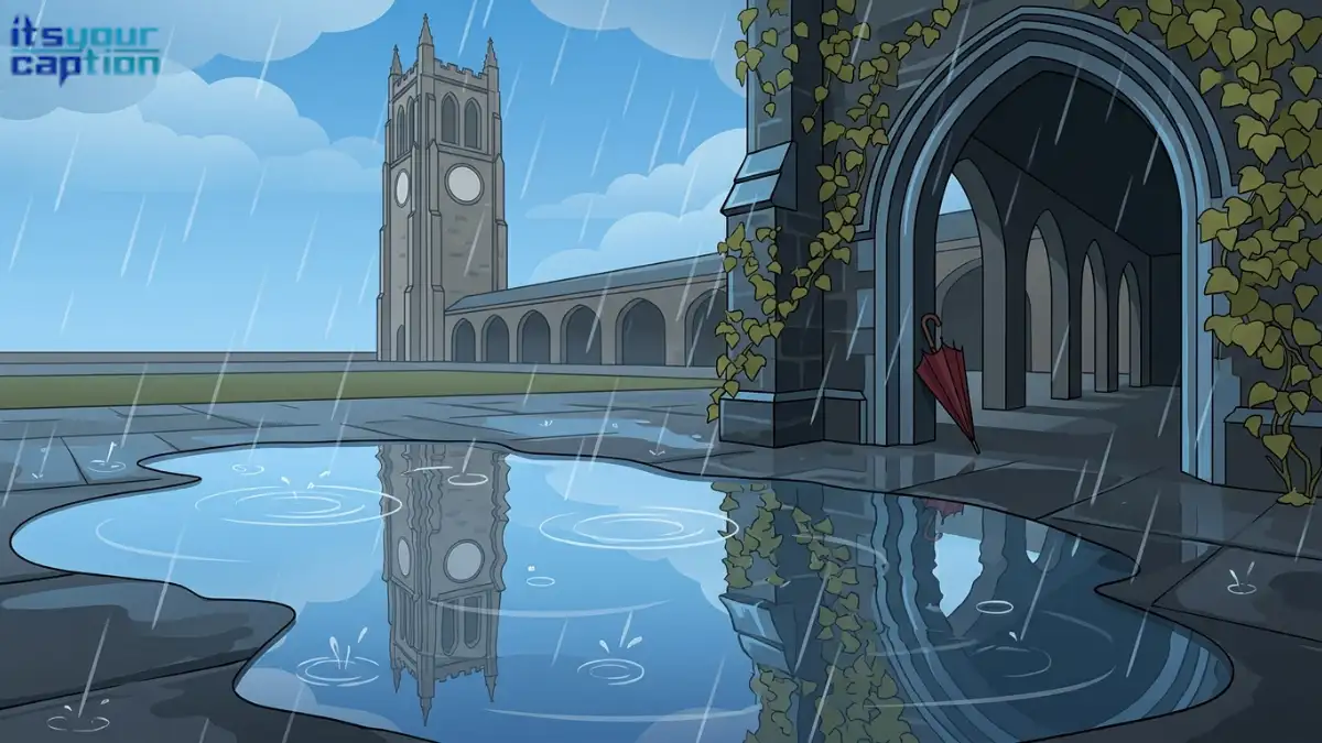 Rainy Gothic arches, ivy, and a clock-tower reflection in a campus courtyard for dark academia captions.