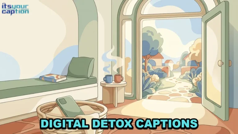 Illustration for digital detox captions with a phone in an entryway basket, a paperback by an open window, and a garden path outside.