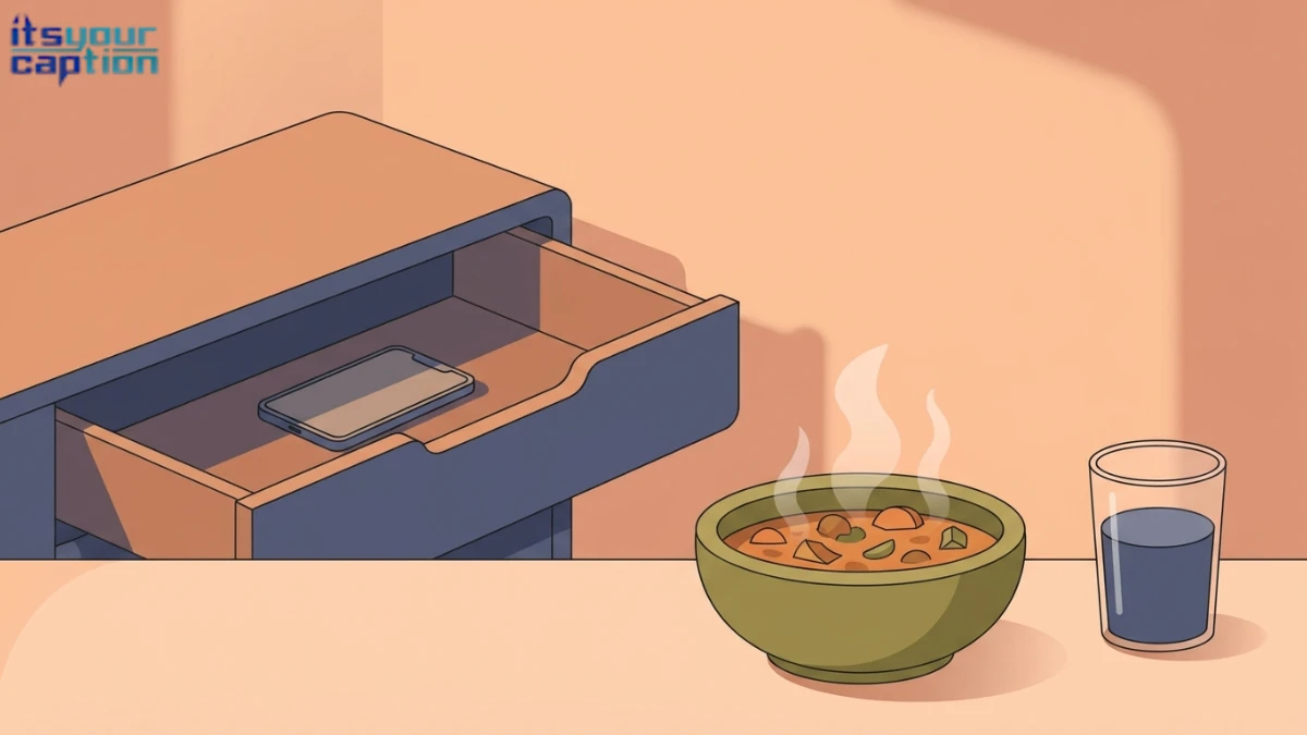 Illustration for digital detox captions showing a warm dinner and a smartphone tucked into a partly closed sideboard drawer.