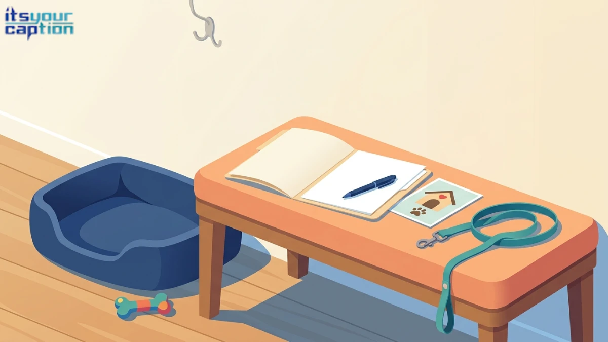 Illustration for rescue dog adoption captions showing a dog beside a blank adoption folder and an official portrait.
