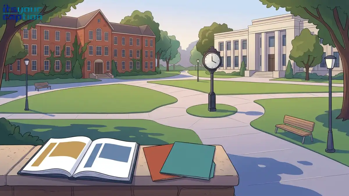 Two college exam buildings and a planner illustrate finals week captions for back-to-back tests.