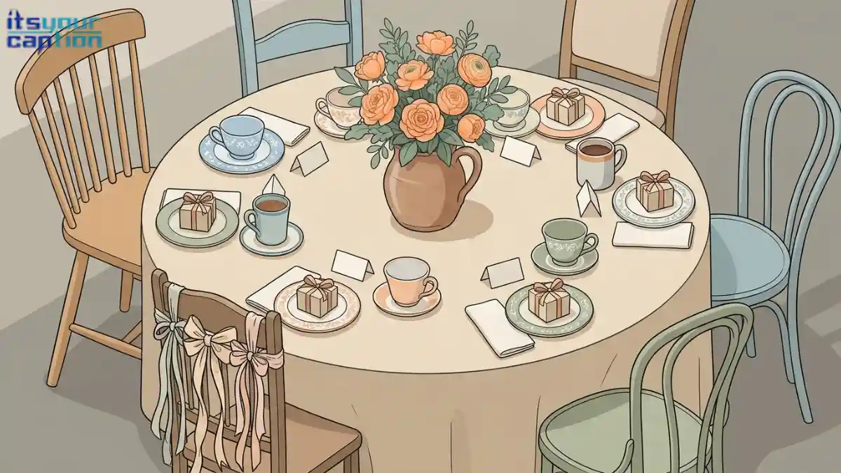 Mixed teacups and chairs around a bridal shower table, an illustration for sister and family shower captions.