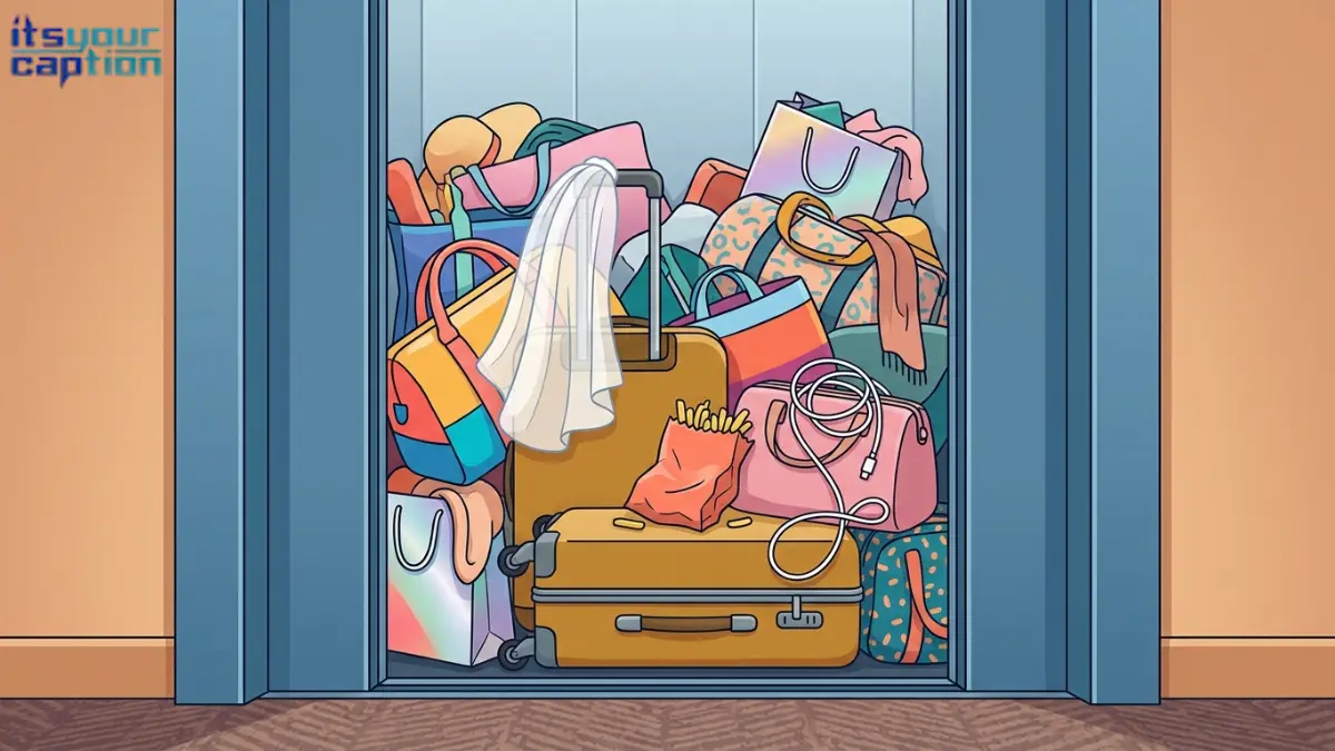 Funny bachelorette party caption illustration of an elevator crowded with luggage, a veil, and a late-night snack bag.