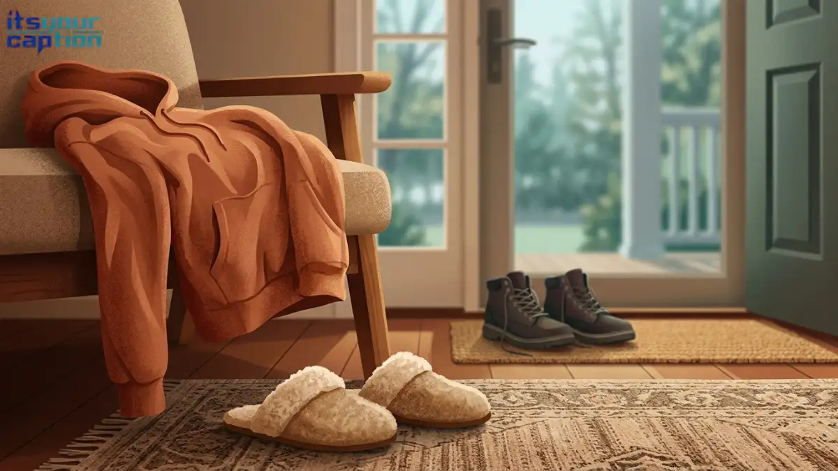A well-used indoor hoodie and slippers beside unworn outdoor shoes for funny homebody captions.