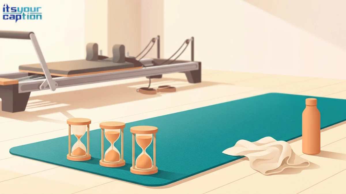 Three sand timers beside a Pilates mat in an illustration for funny Pilates captions.