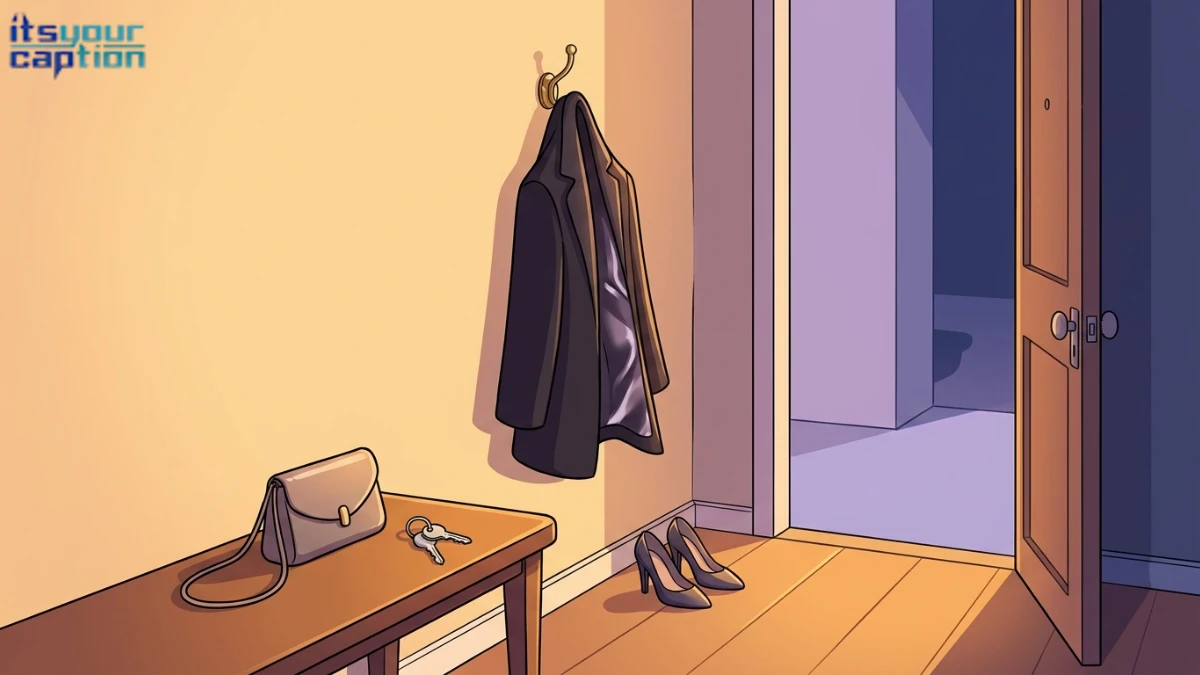 Going-out baddie outfit captions scene with an evening jacket, heels, bag, and keys beside an open apartment door.