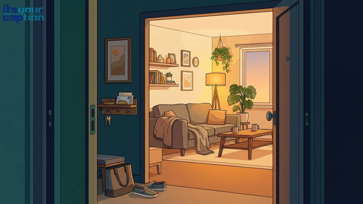 An open-armed doorway greeting illustrating golden retriever boyfriend captions for excited hellos.