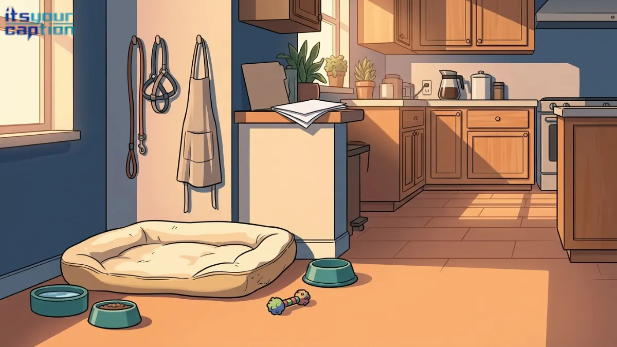 A rescue dog asleep by the kitchen with adoption papers on a shelf, illustrating captions about a permanent home.