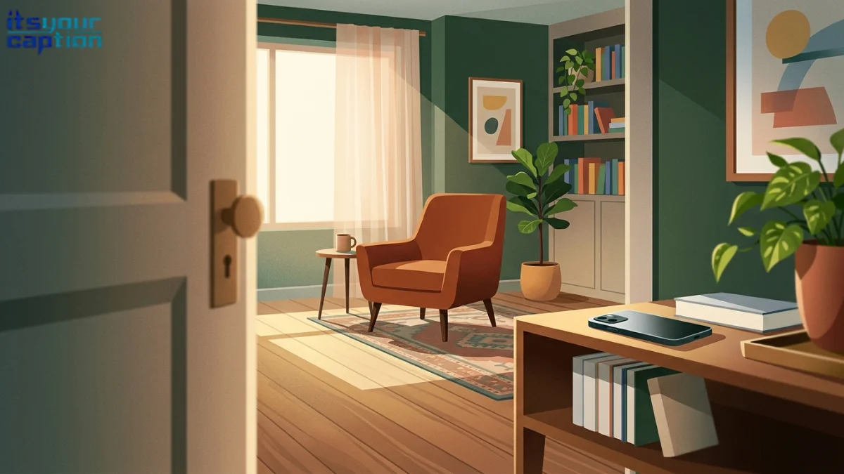 A face-down phone near an empty favorite chair in a quiet room, illustrating introvert homebody captions.