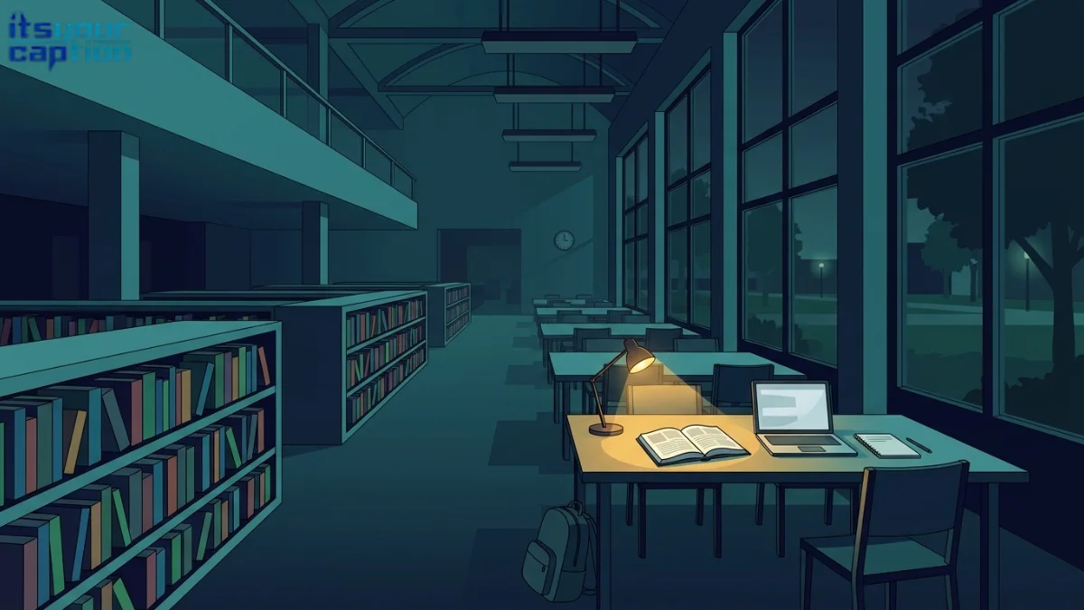 Empty campus library illustration for all-nighter captions, with one occupied study table, a backpack, and dark windows.