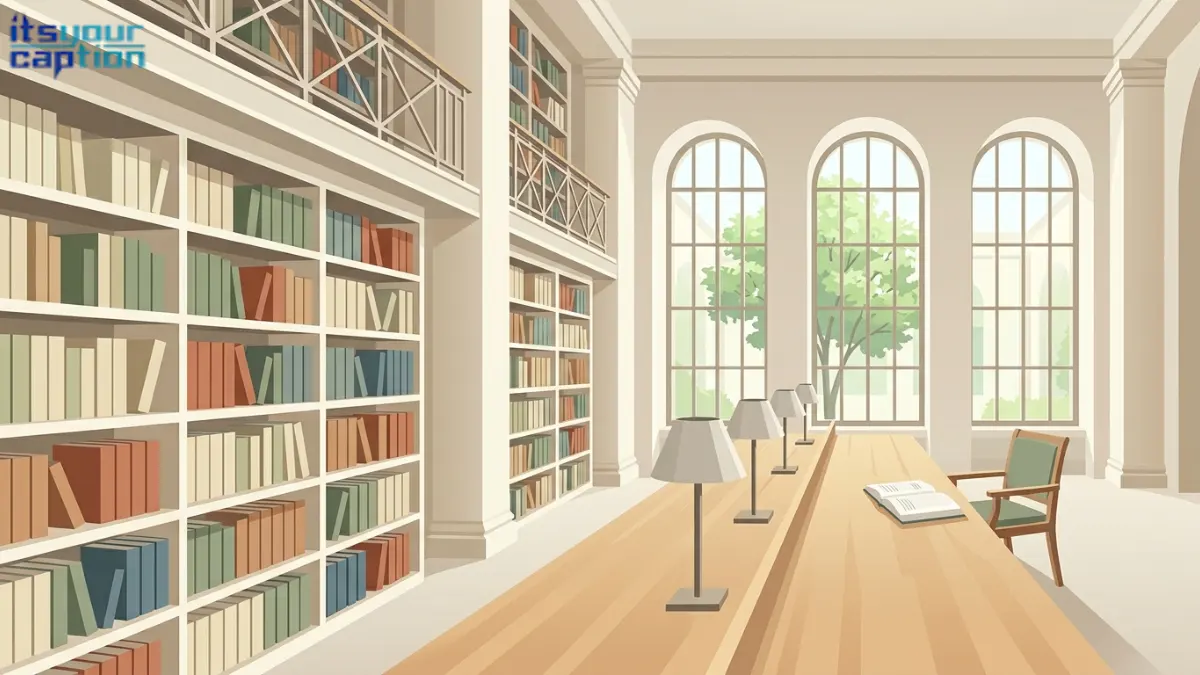 Bright reading room with arched windows and pale bookshelves for light academia captions.