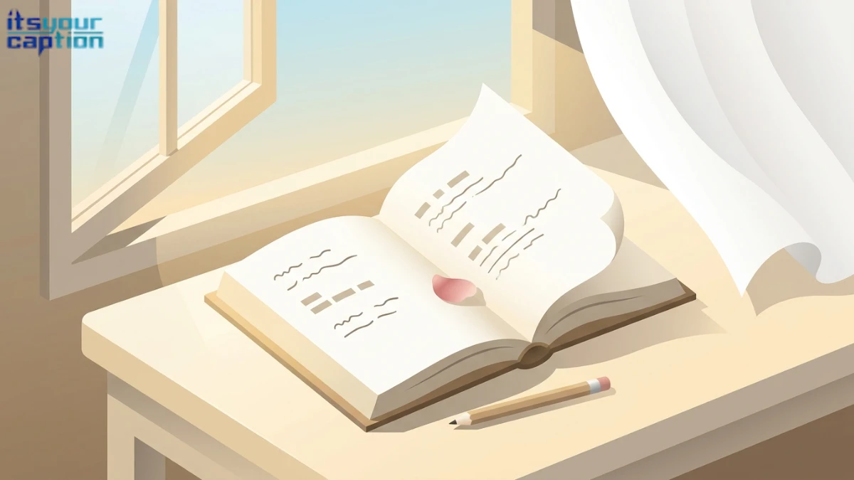 Open poetry book with a petal beside a bright window, illustrating poetic light academia captions.